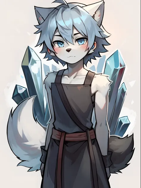 Furry，Wolf boy，White fur，crystal blue eyes，Single fluffy tail，greyt hair，short detailed hair