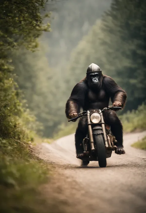 Gorila usando casco medieval al estilo vikingo conduciendo una moto de carreras