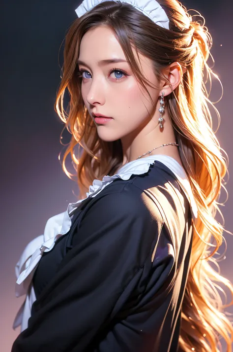 (((maid clothes)))、((Body Portrait))、((masutepiece)), ((Best Quality)), ((hight resolution)), ((Detailed background)), ((the Extremely Detailed CG Unity 8K Wallpapers)), Solo, Ziona, Blonde hair, Long hair, Blue eyes, Hair Tuft, Cowboy Shot, Outdoors, ((ma...