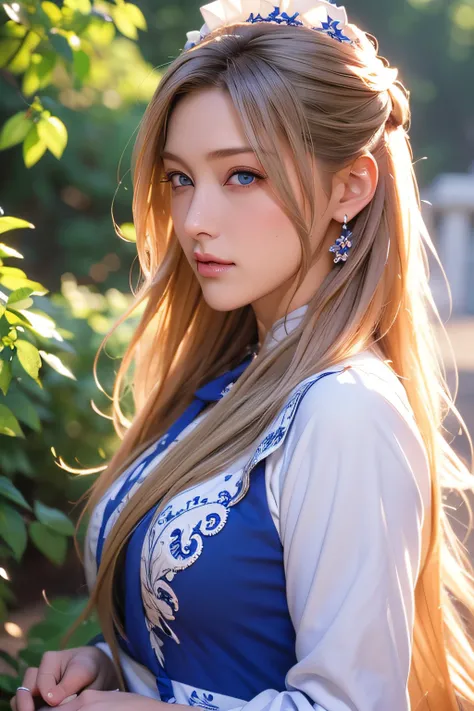 ((masutepiece)), ((Best Quality)), ((hight resolution)), ((Detailed background)), ((the Extremely Detailed CG Unity 8K Wallpapers)), Solo, Ziona, Blonde hair, Long hair, Blue eyes, Hair Tuft, Cowboy Shot, Outdoors, ((maid clothes))