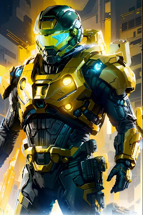 Homem Alaferd em um terno futurista, Armadura Quake de Halo Infinite, Dress with yellow color science fiction armor, Technological helmet with black visor, Standing in a futuristic cyberpunk city apocalyptic oos, Rendered by octane reality rendering hype, ...