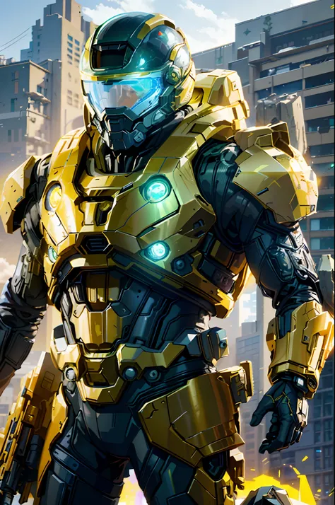 Homem Alaferd em um terno futurista, Armadura Quake de Halo Infinite, Dress with yellow color science fiction armor, Technological helmet with black visor, Standing in a futuristic cyberpunk city apocalyptic oos, Rendered by octane reality rendering hype, ...