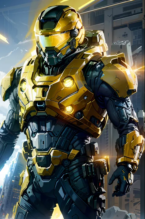 Homem Alaferd em um terno futurista, Armadura Quake de Halo Infinite, Dress with yellow color science fiction armor, Technological helmet with black visor, Standing in a futuristic cyberpunk city apocalyptic oos, Rendered by octane reality rendering hype, ...