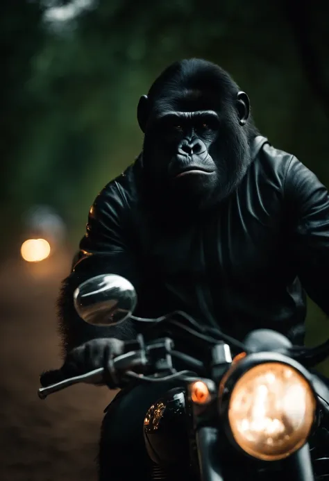 Gorila usando un casco vikingo con cuernos conduciendo una moto de carreras, el gorila esta usando gafas de sol, esta en un desierto de noche y hay una lluvia de asteroides en el firmamento