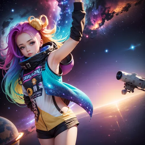 Girl with colorful hair in space, galaxy, universo, corpo todo , bem detalhado e super realista