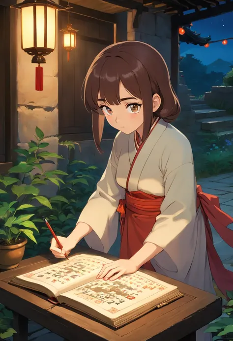 A photo of a beautiful girl in a traditional Chinese dress looking at ancient chinese book under lamp on a low table in garden surrounded by old walls in a peaceful night,((her right hold a pen and her left hand place on table)),((masterpiece)),realistic,4...