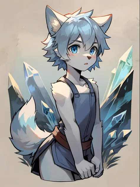 Furry，Wolf boy，White fur，crystal blue eyes，Single fluffy tail，greyt hair，short detailed hair