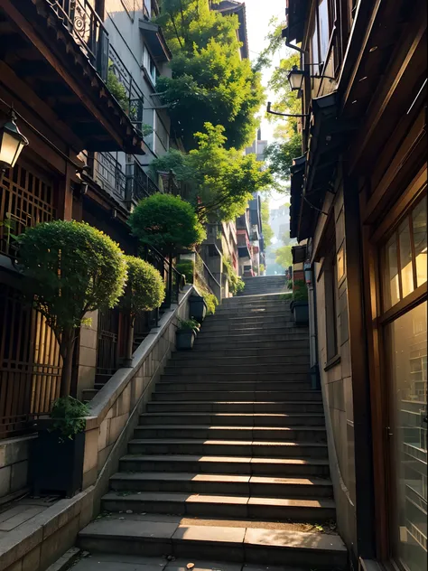 Eighteen ladders in Chongqing

(the main subject: the "Staircase in Chongqing"), [concrete stairs], [zigzag], [narrow pathway between buildings], [worn-out handrails], [dimly lit], [fluctuating shadows], [mysterious atmosphere], [winding path], [sloping te...