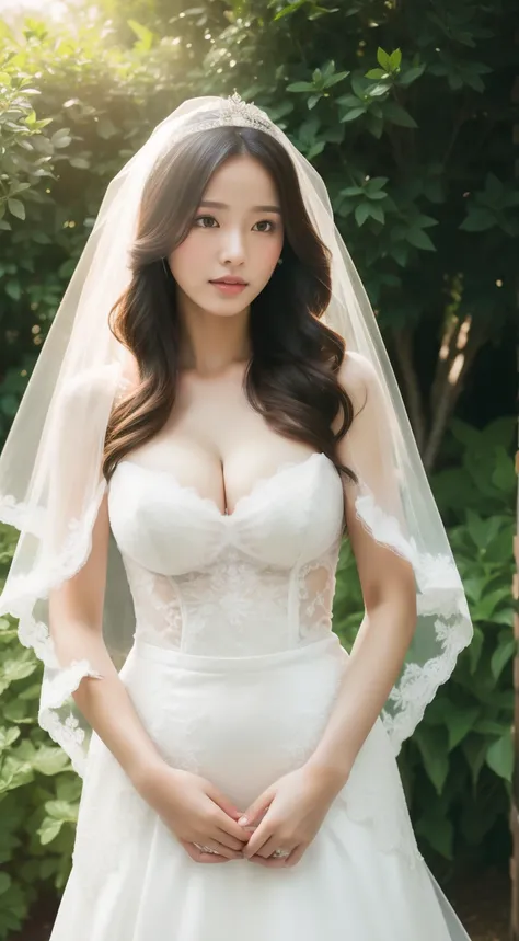 (RAW photo, Best quality), (Realistic, photo-realistic:1.2),High quality,  1girll，huge tits,standing，,Wedding veil，In the garden