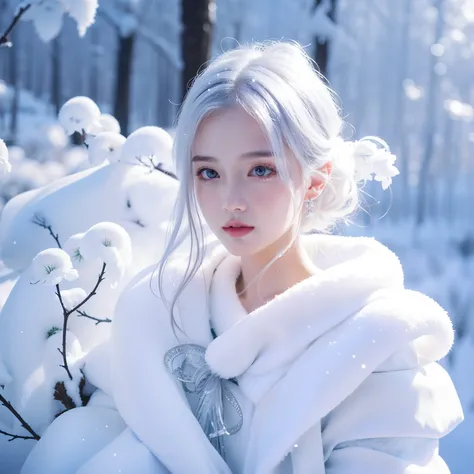 1girll,(Snow,Ice), snowflower, In winter, White hair, Shiny hair, Wavy hair, Transparent clothes, frilld, Lace, Wet clothes, Off_Shoulder, hair scrunchie,Masterpiece, Telephoto lens, absurderes, Exquisite facial features