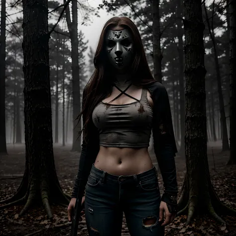 Generate a striking photograph of Autumn in her mid-20s, standing at approximately 54". She embodies a female version of Jason Voorhees from the Friday the 13th franchise. Her long, wavy chestnut hair cascades eerily over her shoulders, and her athletic ho...