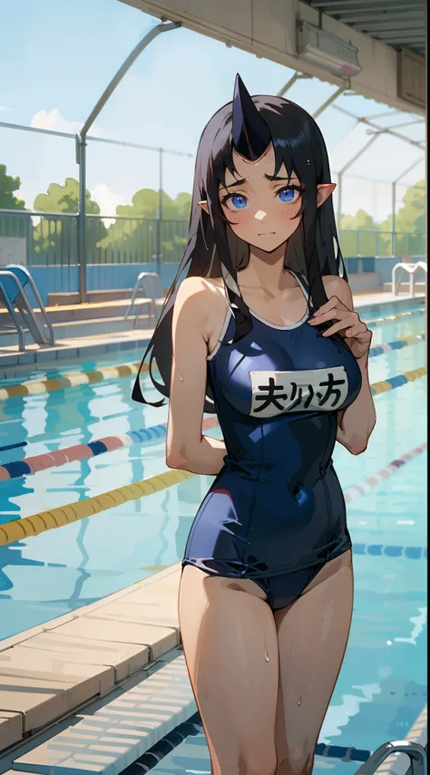 masterpiece, best quality, teen girl,blue eyes,long hair, black hair, pointy ears,horn,shy face,sexy,sensualbig breasts,(standing in a school hallway,cowboy shot,School Swimsuit,(standing in front of a school swimming pool),