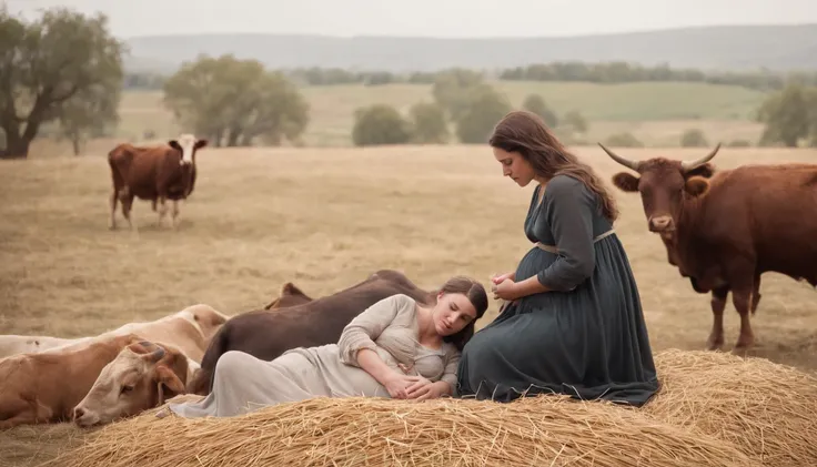 pregnant Mary laying at dried straws, beside her there is Joseph kneeling helping Mary giving birth. Surrounded by cattles