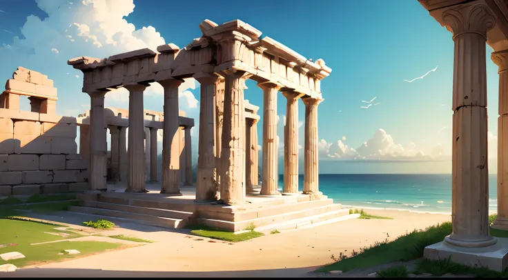 Greek temple landscape in ruins, praia ao fundo, master part, stoic