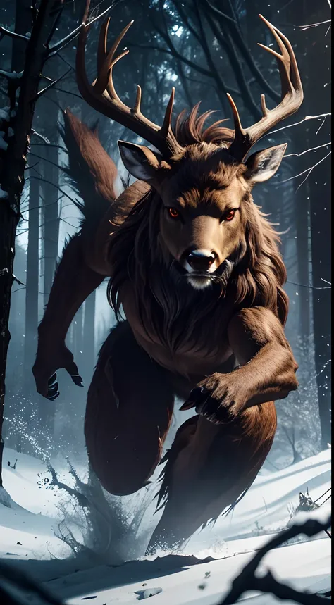 Earth creatures pounce, Deer Woman, Full body,Animal anthropomorphism, red eyes、cruel、Realistic Digital, Humanoid、Convoluted, epicd, Dramatic, masutepiece, high detailing, Best Quality, 超A high resolution、Horror movie lighting