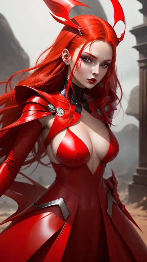 A beautiful redhead female pop artist all red sleek futuristic outfit, with huge headpiece center piece, clean makeup, with depth of field, fantastical edgy and regal themed outfit, captured in vivid colors, embodying the essence of fantasy, minimalist, fi...