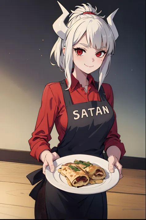 (masterpiece, best quality:1.2), solo, 1girl, luciferapron, smile, looking at viewer, holding plate, red shirt, black apron