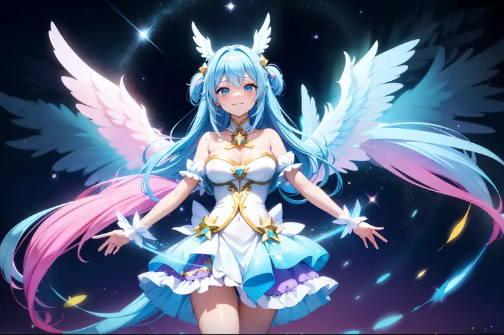 Super Idol　a beauty girl　A charming smile　sky blue hair　length hair　Twin-tailed　Glittery bright pink and white and blue and yellow outfit　spreading large wings at the front,　7 colors of angel great wings on the back　Mystical　Magnificent glowing backdrop yo...