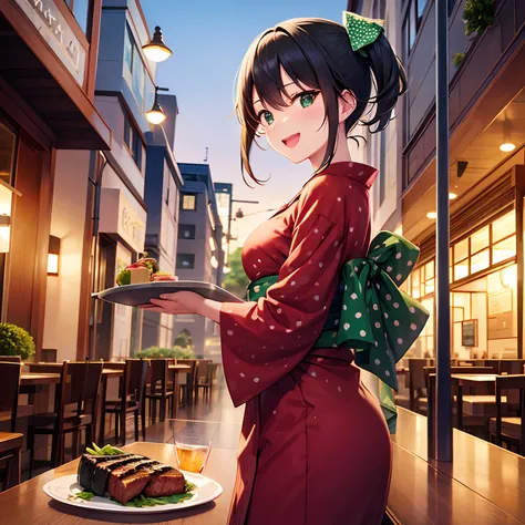 Beautiful green polka dot kimono,Beautiful restaurant background,Place the steak dish on the tray,Happy laughter,