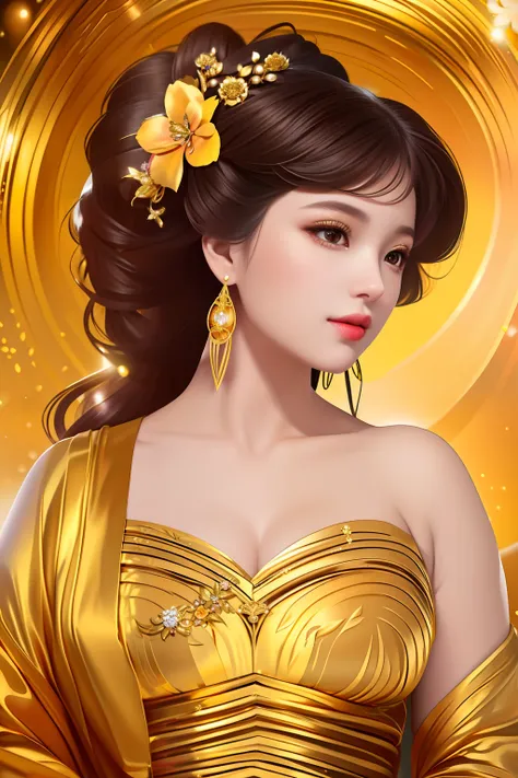 a close up of a woman in a gold dress with a flower in her hair, portrait of modern darna, beautiful oriental woman, gorgeous woman, beauty woman, gorgeous beautiful woman, asian woman, a beautiful fantasy empress, beautiful asian woman, very beautiful wom...