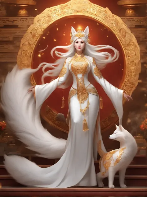 White nine-tailed fox　frontage　Chinese big breasts　Divine Beast　rot　Gold 8k god-like