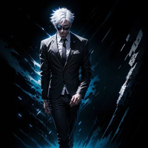 **A handsome 28-year-old man with spiky white hair, piercing blue eyes, and a black blindfold. He is wearing a Jujutsu High uniform, which consists of a black blazer, white dress shirt, black pants, and black boots.