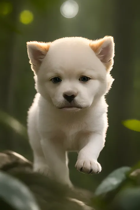 close up photo of a very cute jumping puppy in the forest, look at a camera, soft volumetric lights, (backlit:1.3), (cinematic:1.2), intricate details, (ArtStation:1.3), Rutkowski