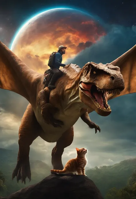 The cat rides on the back of a Tyrannosaurus rex，The sky is all like pizza saucers，The background is a splendid universe