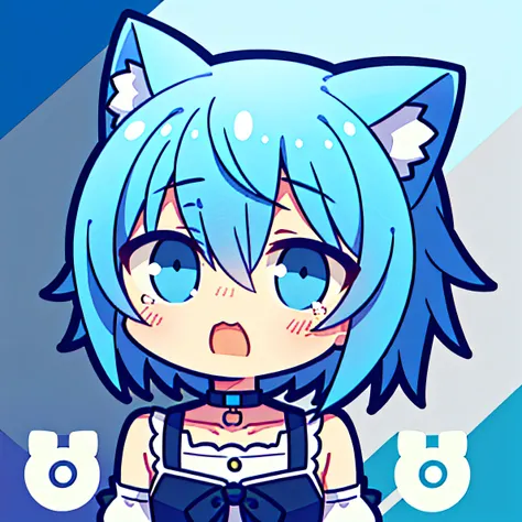 Libido boy，Cat ears，short detailed hair，blue color eyes，Blue and white clothes，The expression of crying，blue hairs