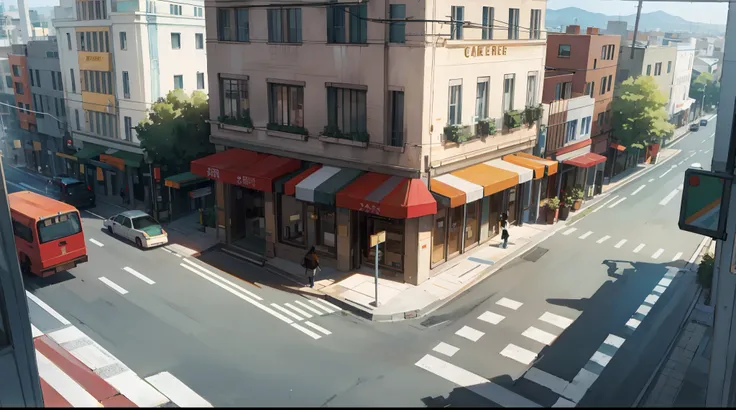 street corner, view from café balcony looking down, there are people down the road, there are traffic lights