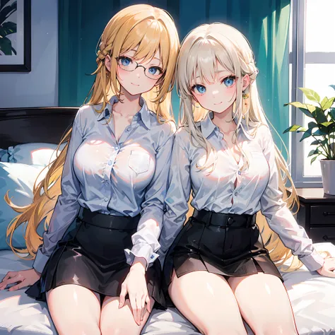 18-year-old blonde, Turquoise eyes, long-haired,Braid left and right, Wear glasses, Wear a white long-sleeved shirt........button up.  Black miniskirt, sitting on the bed,....With a slightly smiling face.......