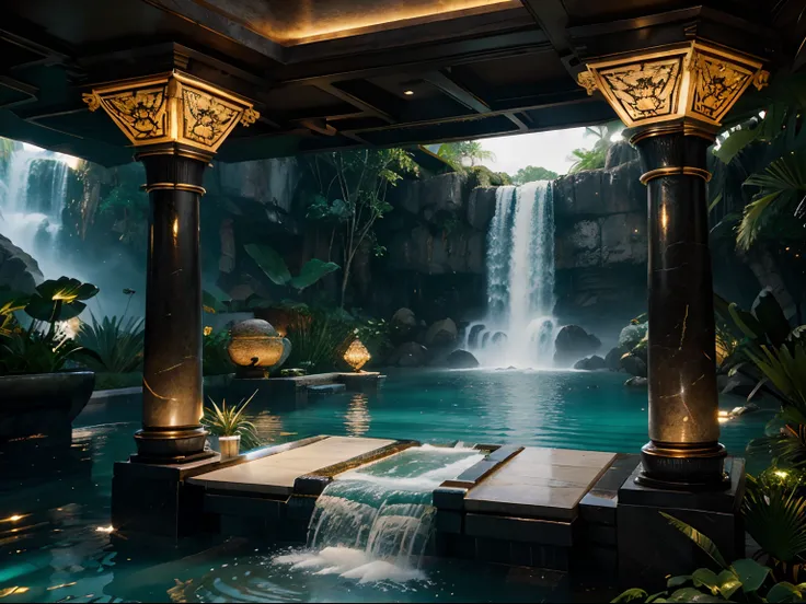 incredible luxurious futuristic interior pool with bed in Ancient Vietnamese style with many ((lush plants)) (lotus flowers), ((palm trees)), rocky walls, (sand), ((amazing waterfalls)), (marble), ((precious minerals)), ((metals)), (gemstones), crystals, c...