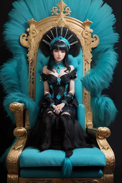 Black haired Turkish Angora woman, sitting on a throne with blue, turquoise and onyx diamond applications.