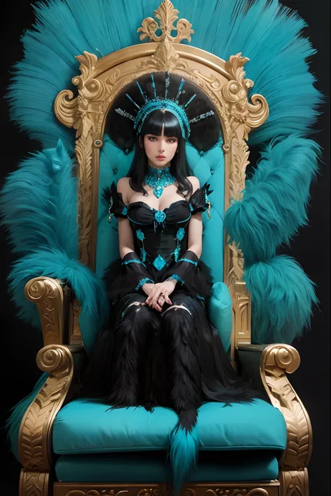 Black haired Turkish Angora woman, sitting on a throne with blue, turquoise and onyx diamond applications.