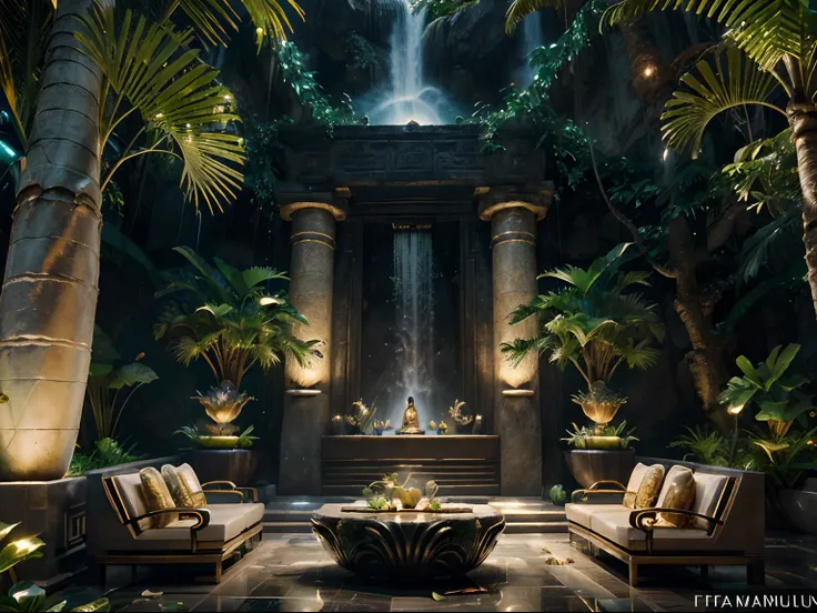 incredible luxurious futuristic bar with tropical garden in Ancient Vietnamese style with many ((lush plants)) (lotus flowers), ((palm trees)), rocky walls, (sand), ((amazing waterfalls)), (marble), ((precious minerals)), ((metals)), (gemstones), crystals,...