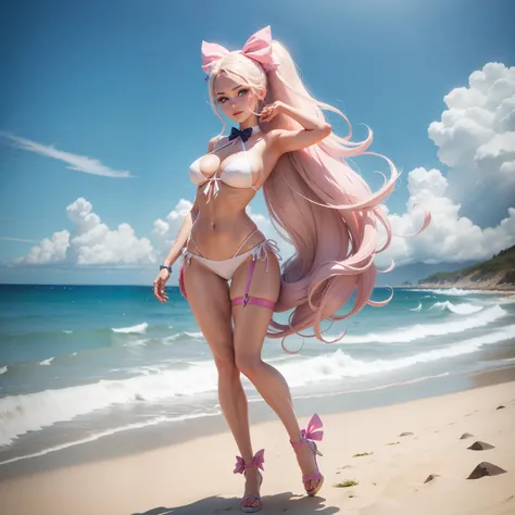 One Barbie, ((Full body)),8th class, Blue eyes, Smiling face, Hair loss swaying in the wind, Hip Hop Singer Pose, Dressed in hip-hop style,White Bikini,swarovski,pasties,With a pink bow on the arm, Fashion, Extremely high quality, high details, 8K, clean b...