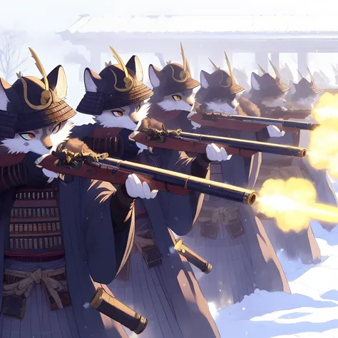 personagens de anime vestidos com trajes de samurai atirando em um grupo de outras pessoas, Arte conceitual tradicional japonesa, feudal japan art, gato samurai, Falange de camundongos Ashigaru, arte detalhada onmyoji, inspired by Kanō Hōgai, trending on a...