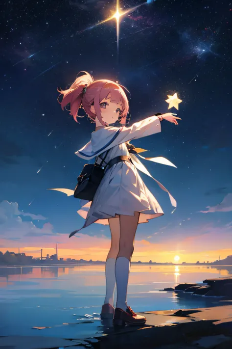 Anime: A 6-year-old girl holding a star in her hand，stands aside the river