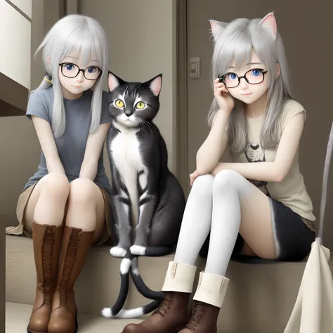 In a girls cat、Color is silver。Eye color is、cian。Keytail。Ippiki only，Wearing boots,eye glasses