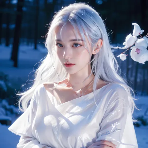 1girll,(Snow,Ice), snowflower, In winter, White hair, Shiny hair, Wavy hair, Transparent clothes, frilld, Lace, Wet clothes, Off_Shoulder, hair scrunchie,Masterpiece, Telephoto lens, absurderes, Exquisite facial features