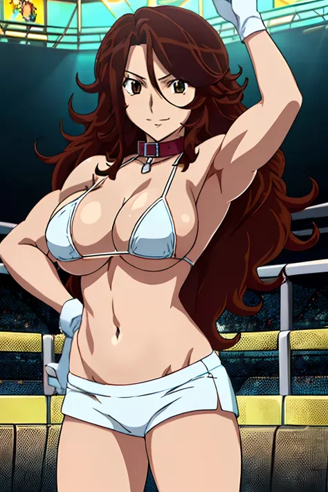 cowboy shot, body view, anime style: 1.8, anime drawing, ultra detailed face, ultra detailed body, 4k, Sumergai Lee Noriega, (standing), best quality, anime style, hires, highest definition, digital blending, bold drawing lines, ((, female wrestler), (loca...