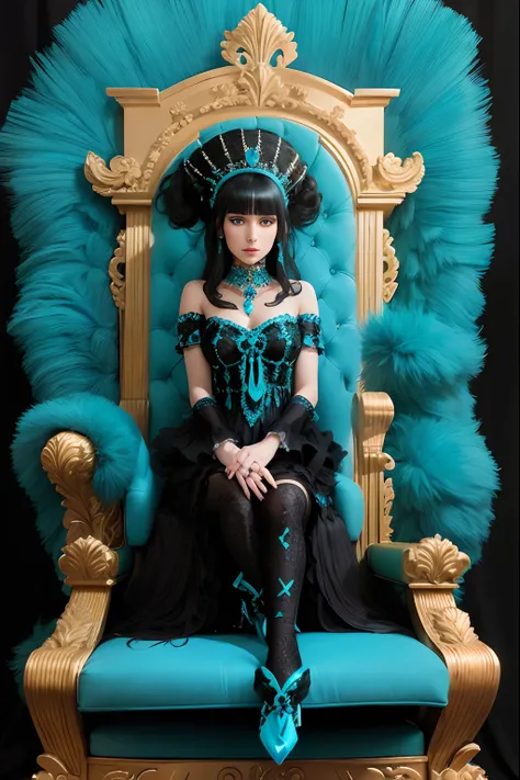 Black haired Turkish Angora woman, sitting on a throne with blue, turquoise and onyx diamond applications.