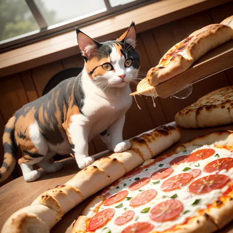 (A calico cat is preparing pizza on the table:1.2)、(C4TTITUDE:1.3)、Close-up photo at Glasstech Kitchen、Hyperrealistic intricate detail、(foggy:1.1)、Perspective from above