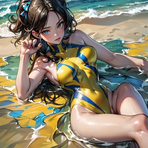 (8k), (best quality), (masterpiece: 1.2), (realistic), (photorealistic: 1.37), super detailed, one girl, viewer is watching, full body, 25 years old, yellow one-piece swimsuit, pretty nails