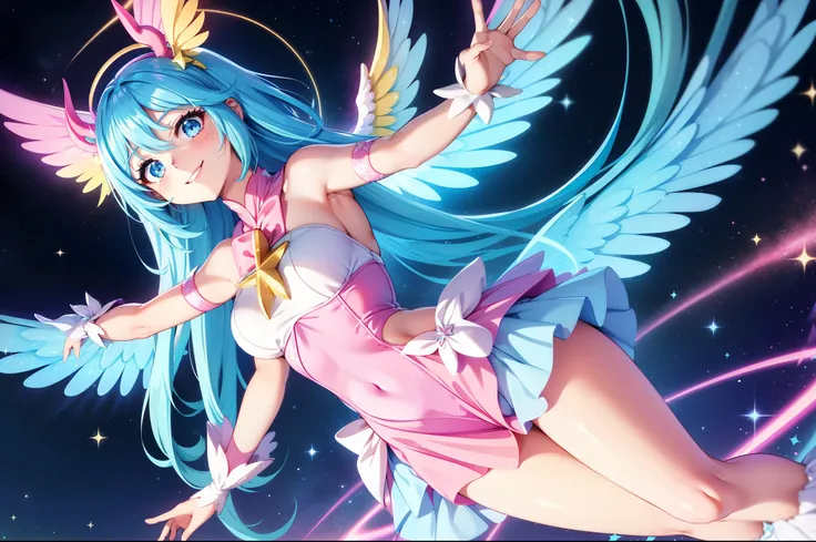 Super Idol　a beauty girl　A charming smile　sky blue hair　length hair　Twin-tailed　Glittery bright pink and white and blue and yellow outfit　Straight ahead、Arms outstretched、Spreading the wings of six large iridescent angels on the back　Mystical　Spectacular s...