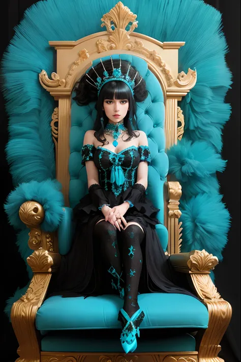 Black haired Turkish Angora woman, sitting on a throne with blue, turquoise and onyx diamond applications.