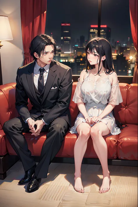 They sit on a red sofa in a room with a view of the city, Smooth Anime CG Art, visual novel cg, visual novel key visual, Official art, nick silva and ilya kuvshinov, ; visual novel, makoto shinkai and tom bagshaw, digital anime illustration, todays feature...