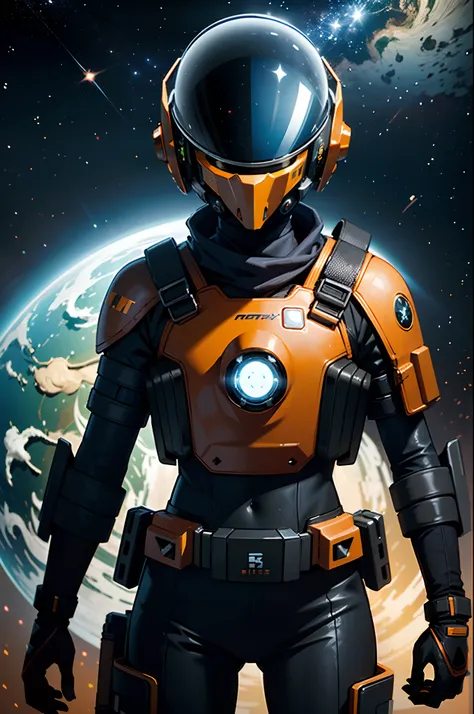 Nijistyle, RFKTR_Tecnotrex, mulher explorando planetas, alien worlds, exotic locations, deep-space, terrores desconhecidos, galactic, Nebulosas, estrelas, fcRetrato, Orange armor worn by time with cyberpunk style tech helmet with black visor