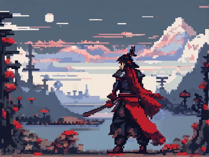 (Masterpiece, Best quality, Best quality), pix, Pixel art, A boy with, full bodyesbian, Dark fantasy, Blood Samurai