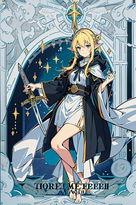 ((Masterpiece)), ((Best quality)), ((A high resolution)), ((finedetail)),tarot cards、magister、Blonde elf girl in dark gray mage robes，portraitures，Close your left eye，ssmile,standing on your feet，holding a longsword